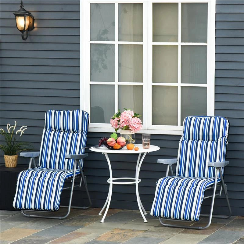 SET 2 SDRAIO PIEGHEVOLI CON SCHIENALE REGOLABILE A 5 LIVELLI, IN ACCIAIO E POLIESTERE, 60X75X102 CM, BLU E CREMA