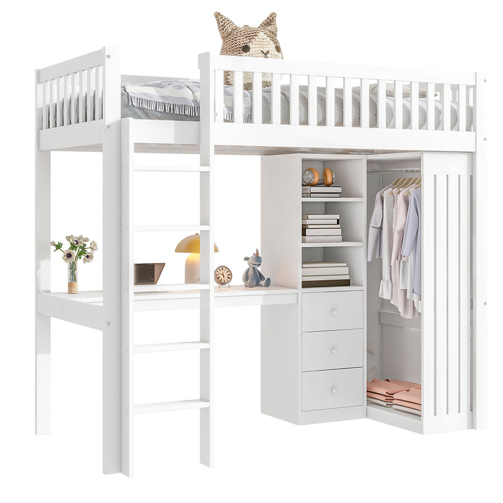 Letto mezzanino 90x200cm - Xylo - bianco, 3 cassetti, armadio, sicuro