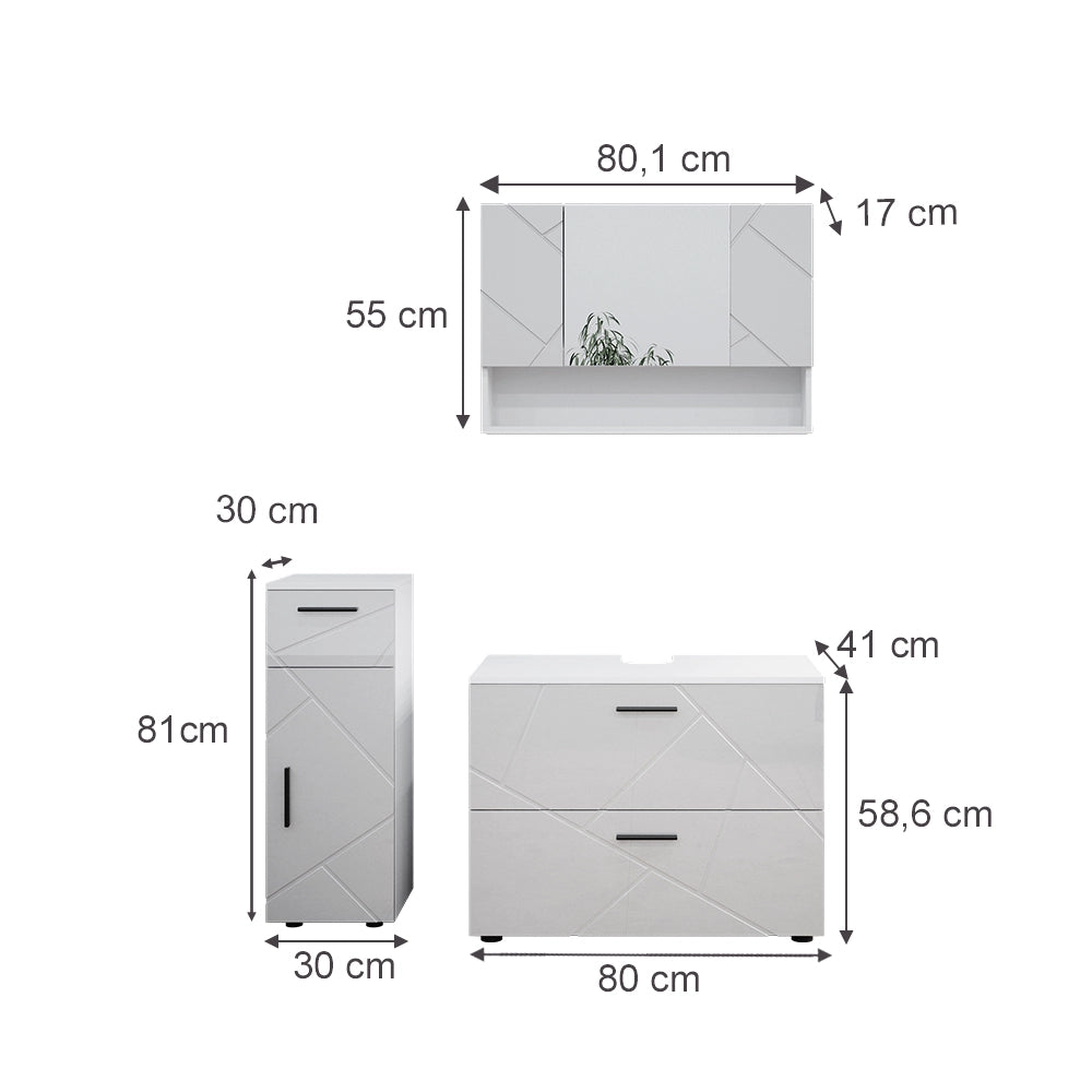 Vicco Set mobili bagno Bianco lucido 3 parti, con cassettiera e mobile midi