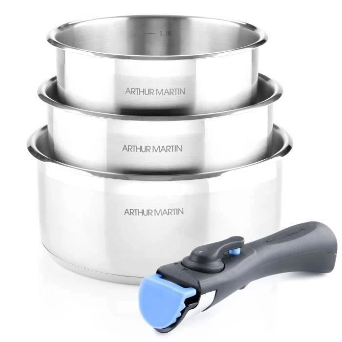 Set di 3 padelle 16-18-20 cm Arthur Martin AM3710 - Acciaio inossidabile - Manico rimovibile - Tutte le luci inclusa l'induzione