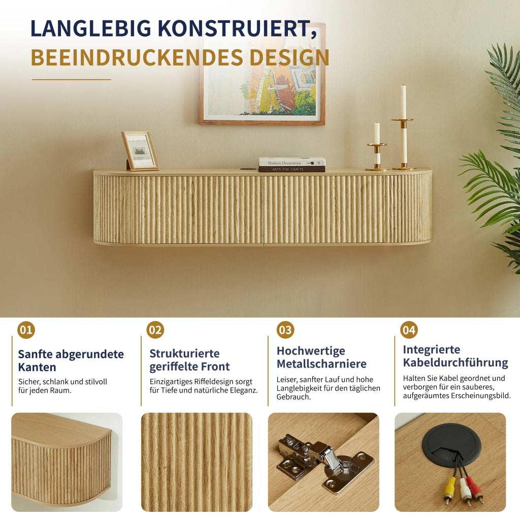 Mobile porta TV sospeso con 2 ante, passacavi e angoli arrotondati, in truciolare e MDF, naturale, 140 × 32 × 30 cm