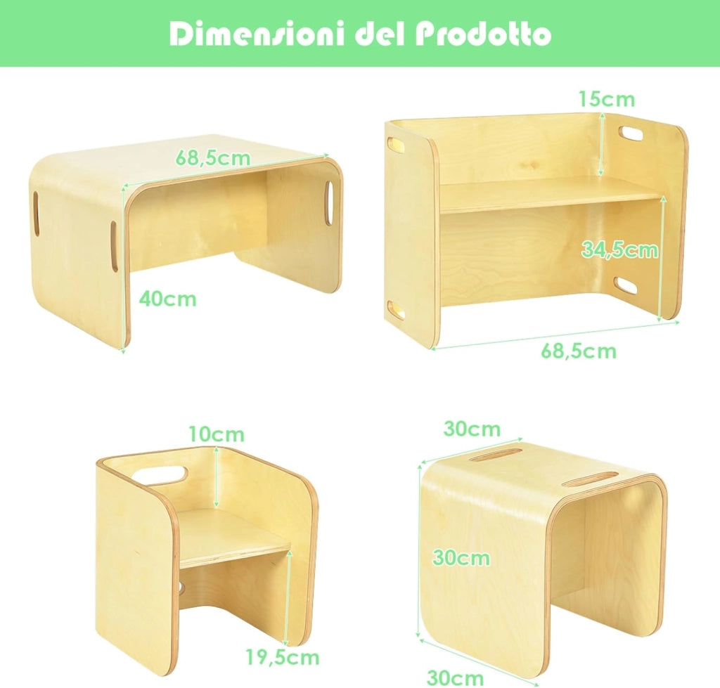 COSTWAY Set Tavolo e 2 Sedie per Bambini 2-9 Anni, Set Multiuso in Legno di Faggio con Maniglie Ergonomiche, Design Salvaspazio, Senza Montaggio, Portata 100 kg (Naturale)