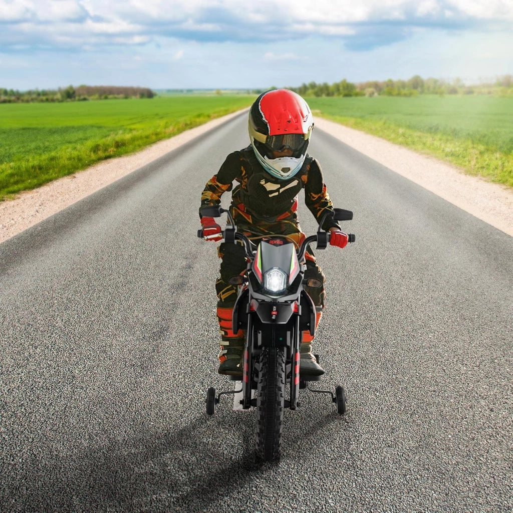 12V Aprilia Moto Cavalcabile per Bambini, Motocicletta Elettrica con Ruote Ausiliarie e Musica Wireless, Sospensione a Molla, Moto Elettrica alla Moda per Bambini 3-8 Anni (Rosso)