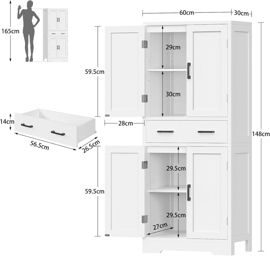 Mobile Bagno con 4 Porte e 1 Grande Cassetto, Mobiletto Bagno Salvaspazio con Ripiano Regolabile, Armadio Bagno – per Soggiorno, Cucina, Bianco, 60x30x148 cm
