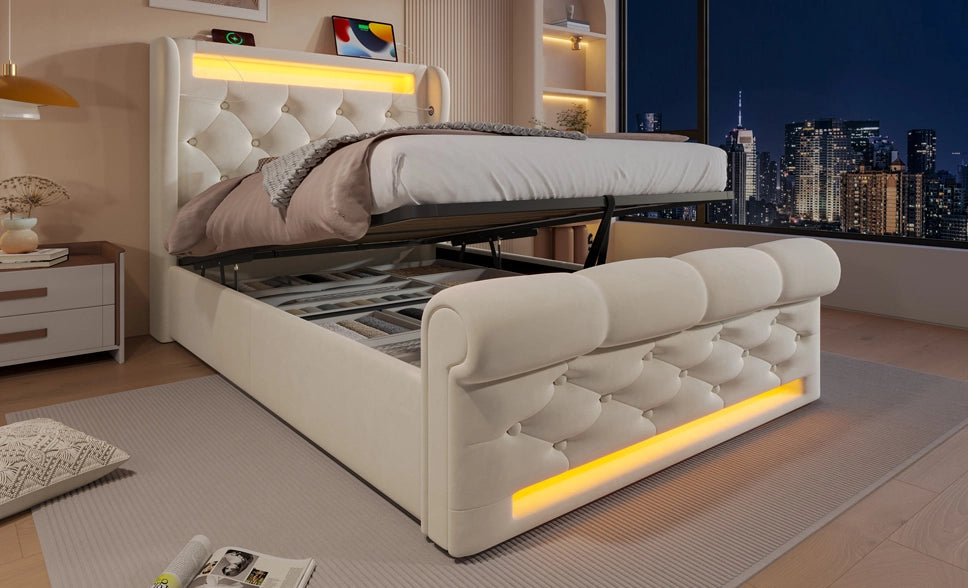 Letto imbottito 90x200 cm beige con LED, ricarica USB-C, vano contenitore e materasso