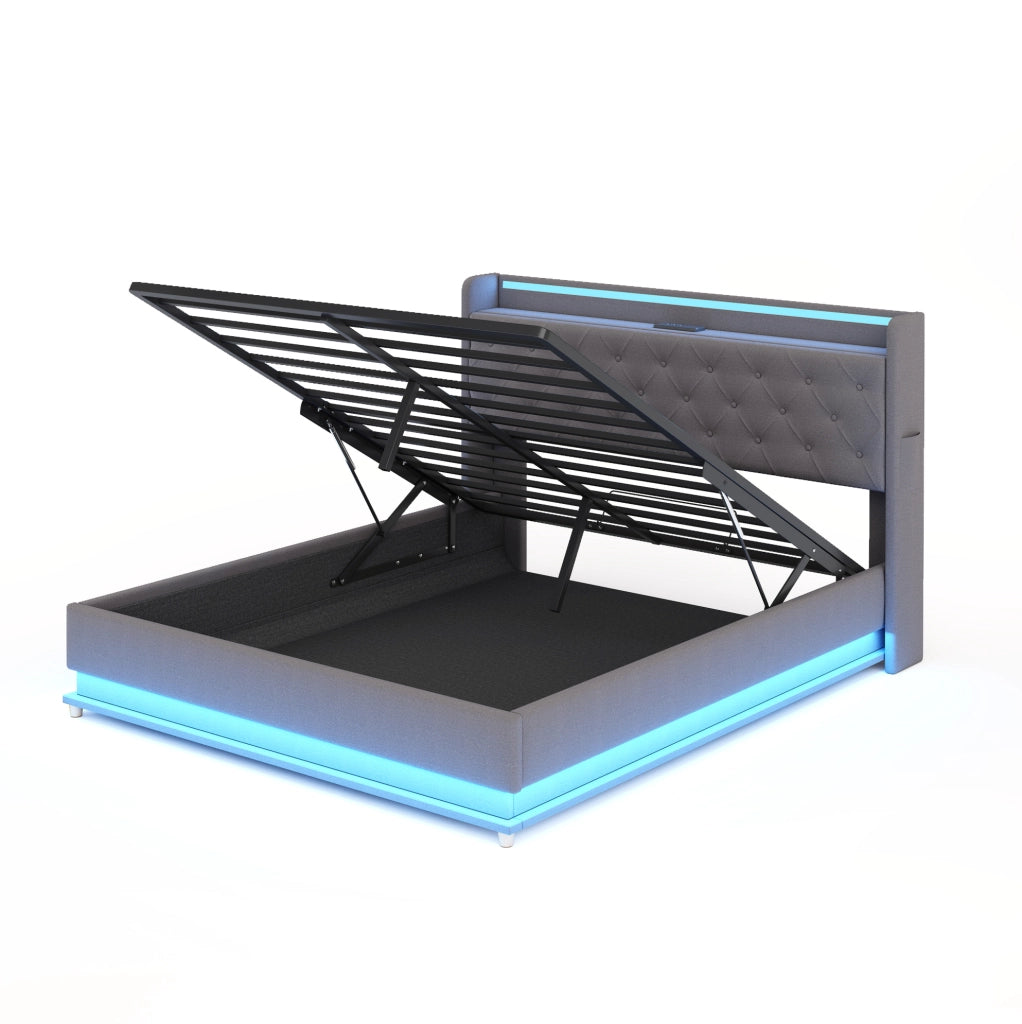 Letto imbottito 140x200 cm con LED, USB e vano contenitore idraulico