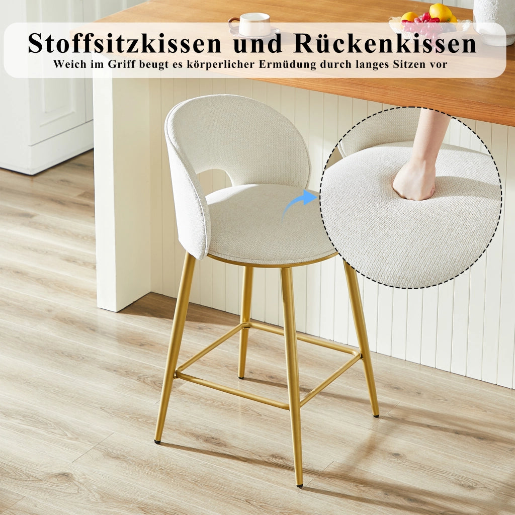 Sgabello da bar con schienale traforato e poggiapiedi per cucina e banco in tessuto Chenille Beige