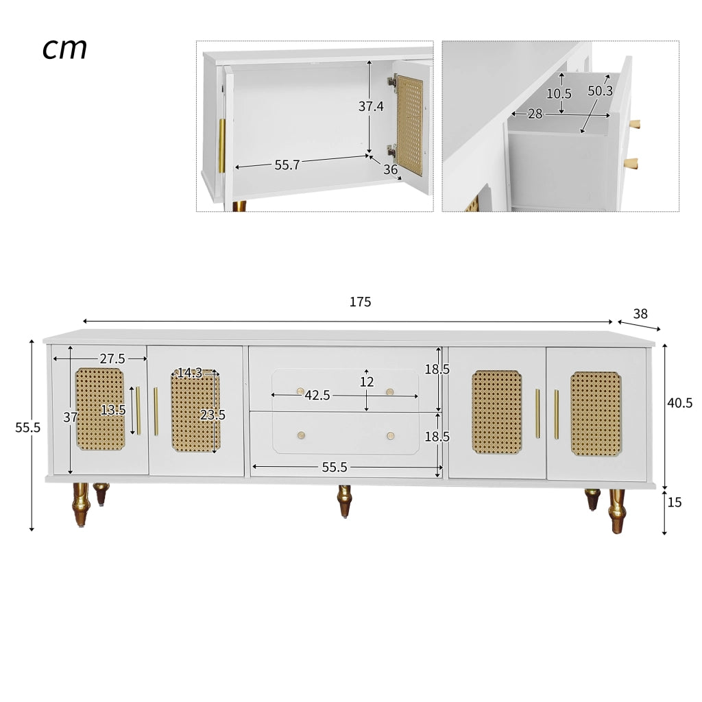 Mobile TV con 4 Ante in Rattan PVC e 2 Cassetti Push-to-Open per Soggiorno in Pannello di Particelle Bianco 175 × 38 × 55.5 cm