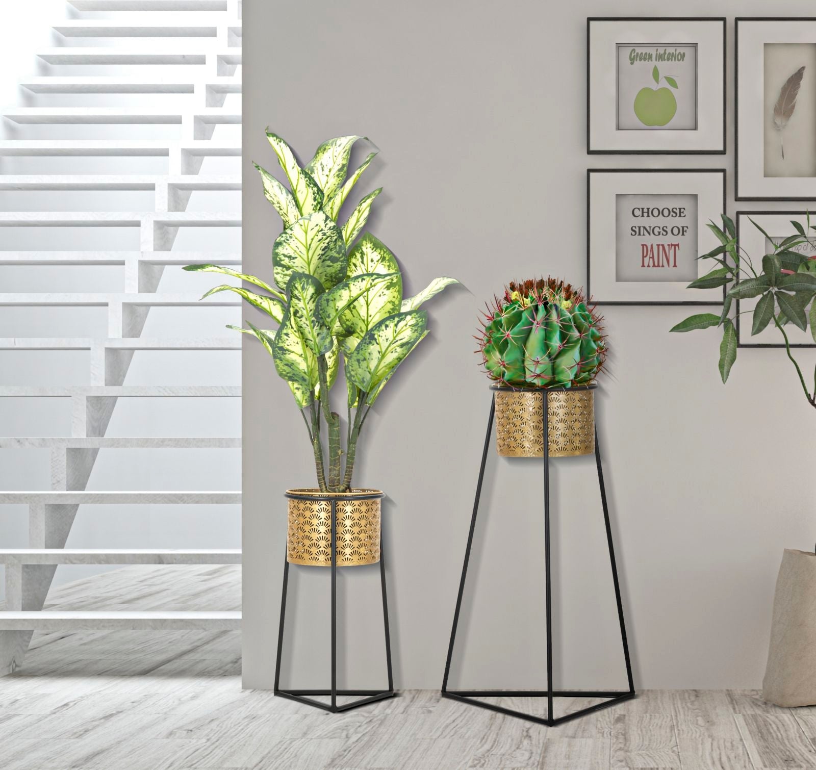 Porta Vasi Coppia Glax Ø43x36x70-27x23x45 cm in Ferro Oro e Nero