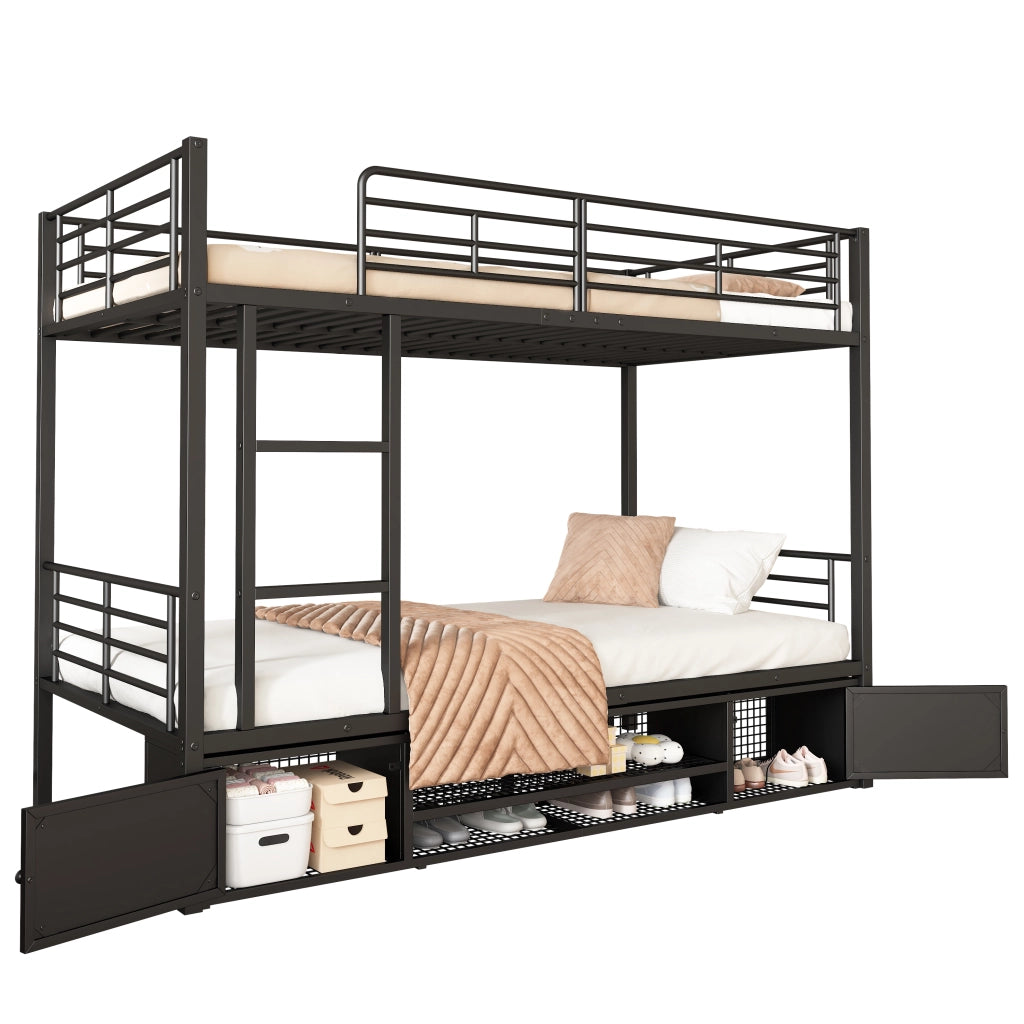 Letto a Castello 90x200 cm; Letto Singolo - Con Scarpiera; Scaletta; Sponda; in Metallo Nero