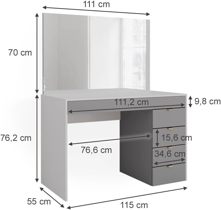Tavolo da toeletta Elise, Bianco/grigio/grigio, 115 cm con specchio, con specchio fisso integrato per l’uso quotidiano