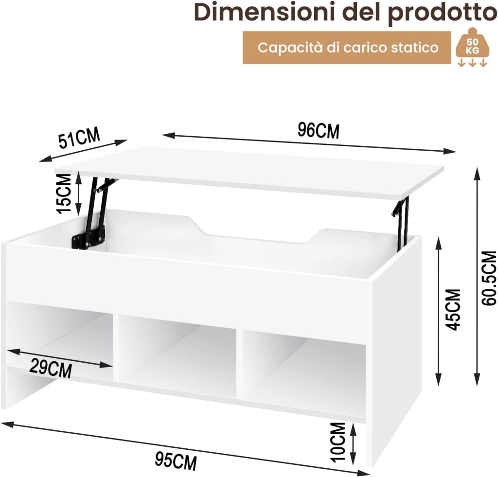 Tavolino da Caffè Sollevabile dall'Alto, tavolino Salotto con 1 Scomparto Nascosto e 3 Scomparti Aperti, 96x51x45cm, in Legno Ingegnerizzato, BTS19ws