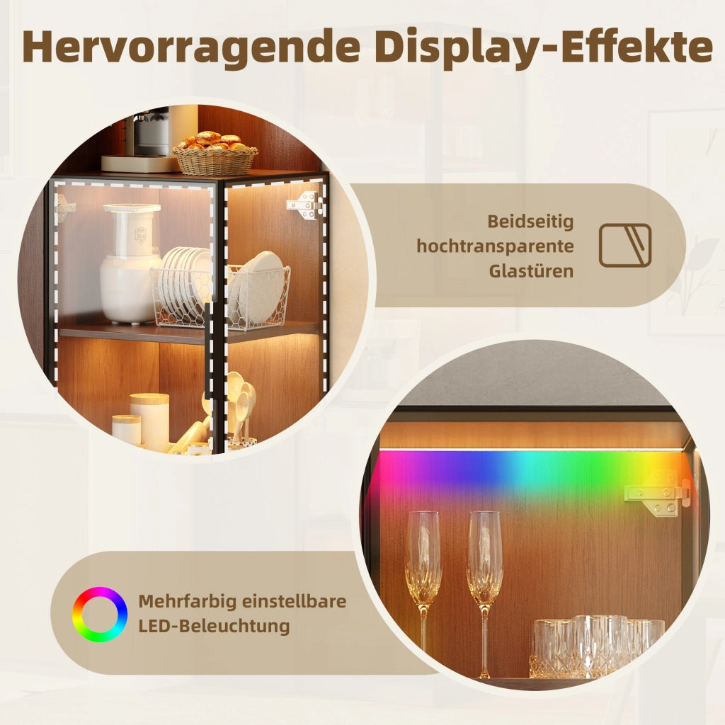 Vetrina alta in MDF e vetro 70×38×160 cm, colore noce, con ripiani estraibili e LED multicolore
