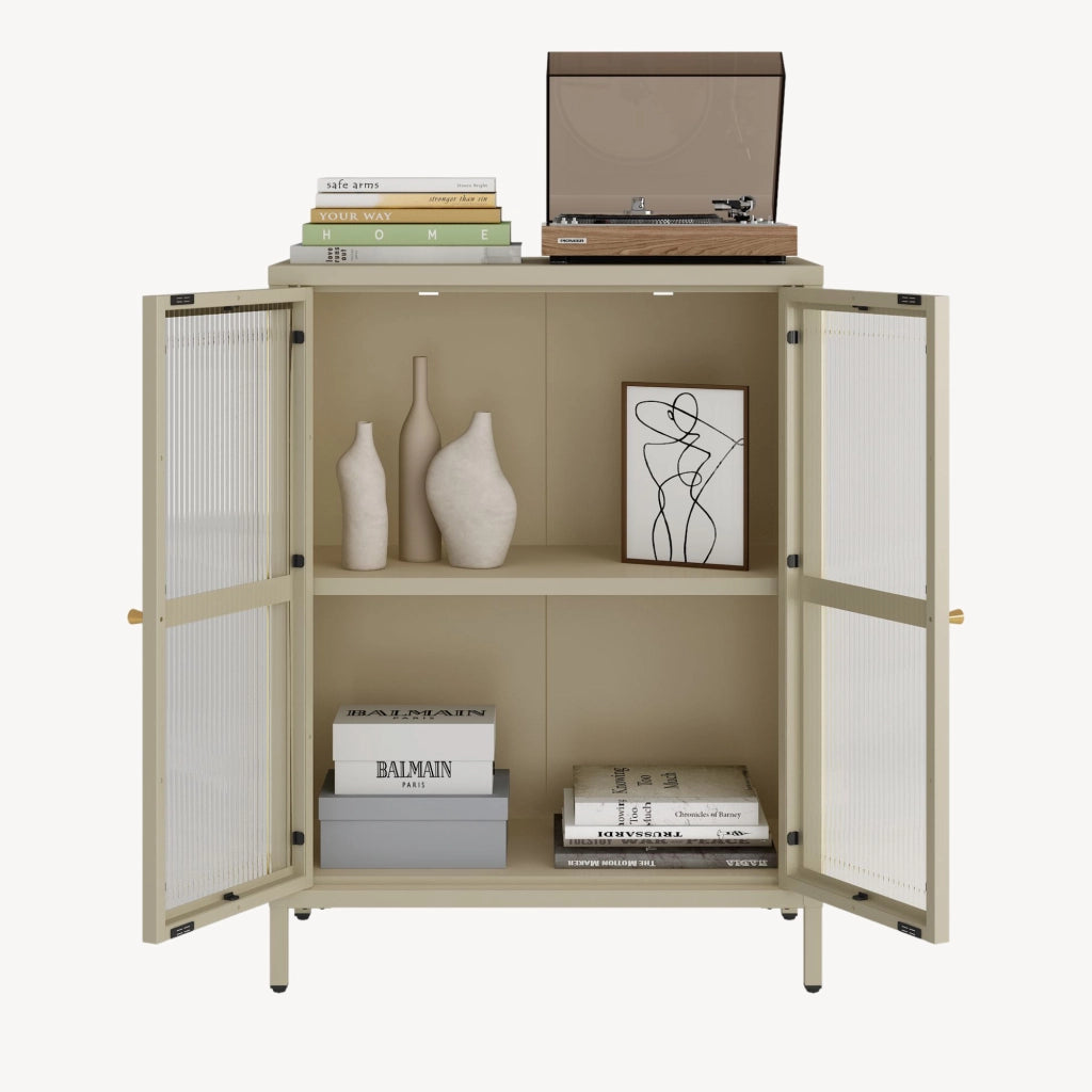Credenza Säkylä Comò con Ante in Vetro Scanalato 84x64x35 cm Color Cammello [en.casa]