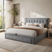 Letto imbottito matrimoniale con contenitore e cassetti, velluto grigio, 140 x 200 cm