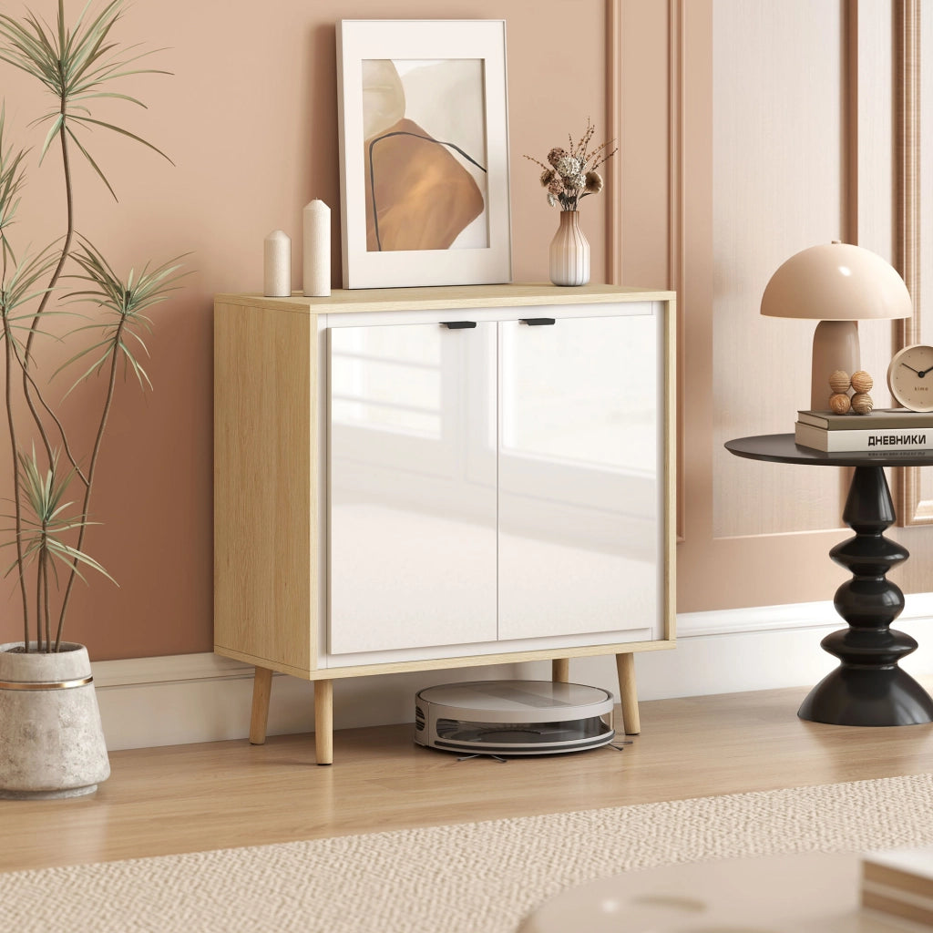 Credenza a 2 Ante con Ripiano Regolabile ¨C zephmum ¨C Bianco Lucido e Rovere, 72x35x77 cm