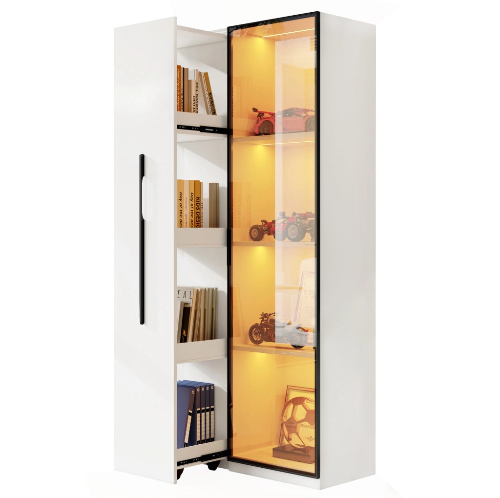 Mobile multifunzione bianco con libreria, vetrina LED e ruote