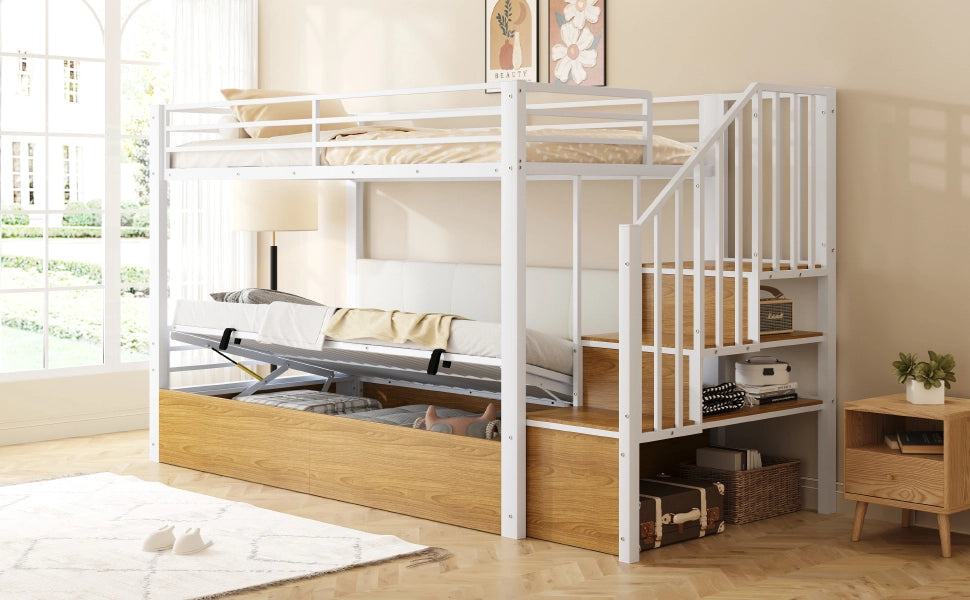 LETTO a castello 90x200 cm bianco in MDF e metallo con scala contenitore