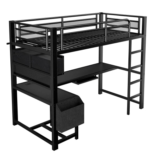 Letto a soppalco con scrivania 90x200 cm LEMONMAX, LED 7 colori, 2 prese e 2 USB, mensole, struttura in metallo, nero