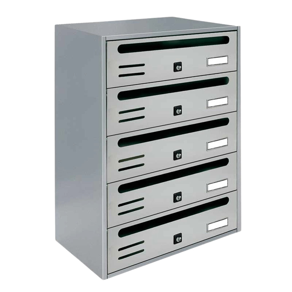 ALUBOX CUBO Cassette Postali Condominiali 5 Posti 53X38,5X25 Cm In Lamiera Zincata Cassetta Postale Condominiale Orizzontale Da Esterno E Interno Protetto COLORE: ARGENTO RAL 9006