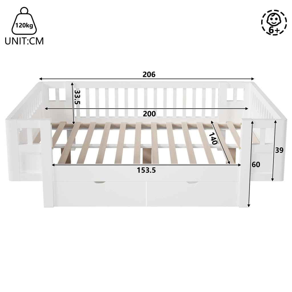 Letto a piattaforma per cameretta con spondine alte e due cassetti, in legno massiccio e MDF bianco 140 × 200 cm