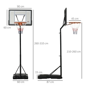 Canestro da Basket Regolabile in Altezza 260-310 cm con Ruote, Supporto Stabile per Giardino e Campo Sportivo
