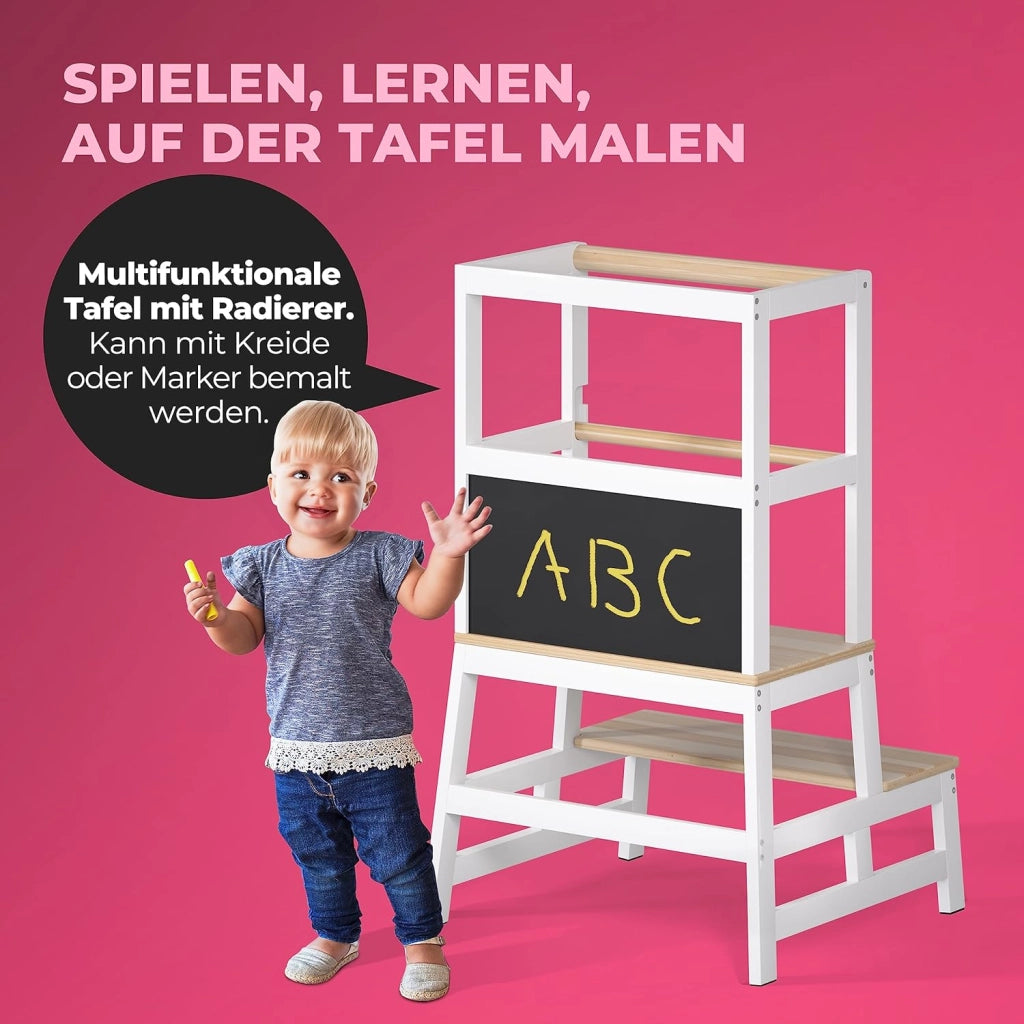Spielwerk Torre Montessoriana Apprendimento per Bambini in Legno con Lavagna Sgabello Torretta Montessori Didattica Learning Tower 50 x 51 x 93 cm a partire da 2 anni