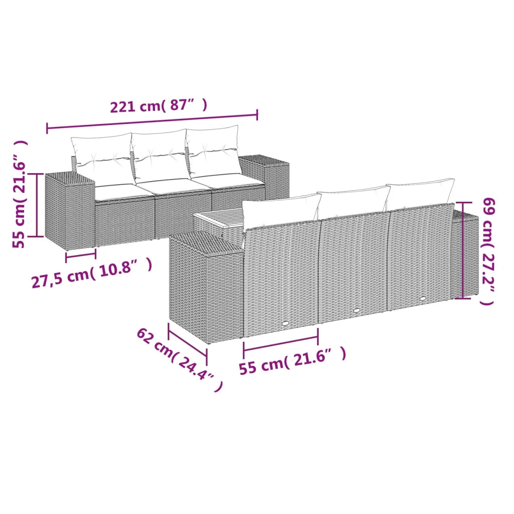 Set Divani da Giardino 7 pz con Cuscini Grigio in Polyrattan