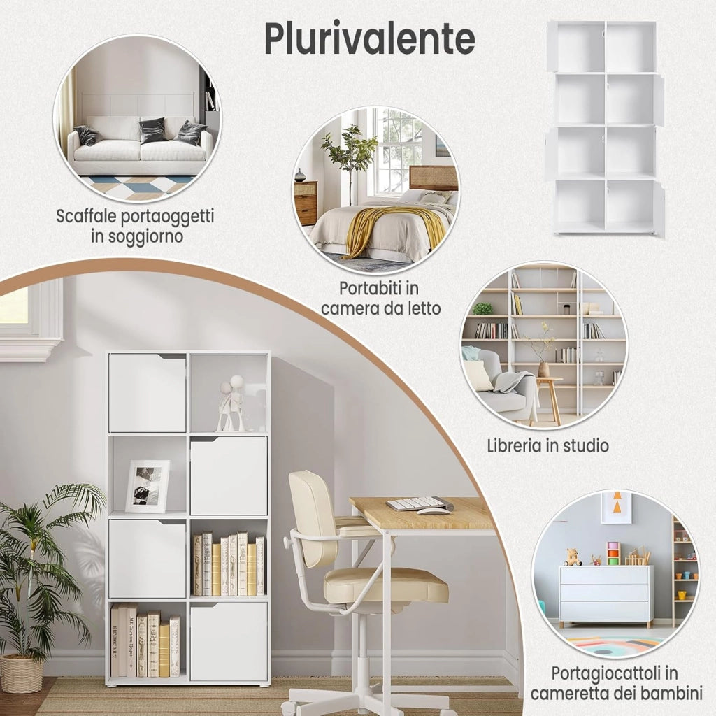 Libreria Autoportante, Libreria Bianca a 8 Cubi Portaoggetti, Porta Libri con 4 Ante, Scaffale Portaoggetti per Soggiorno, Ufficio, Studio, in Legno, SK039ws
