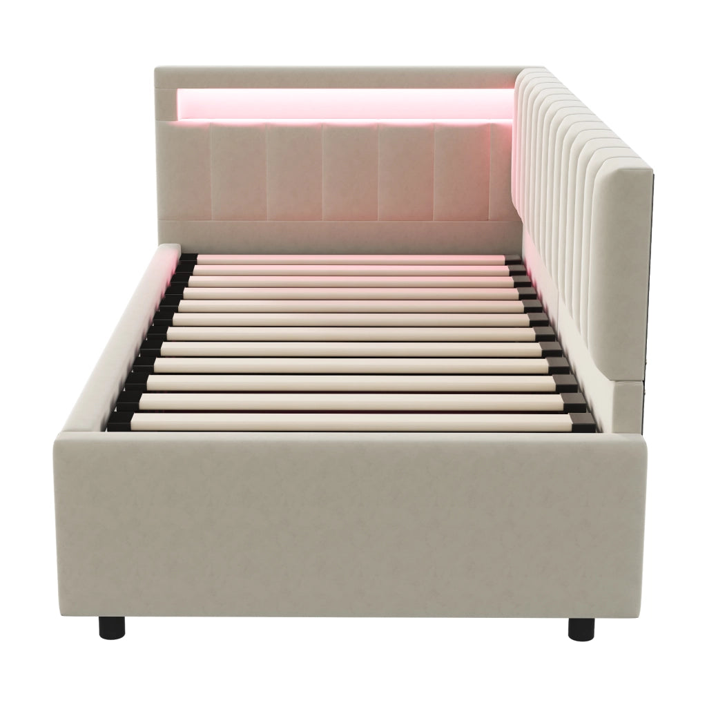 Letti contenitori 90x200 cm con LED e contenitore idraulico; velluto beige (Senza materasso)