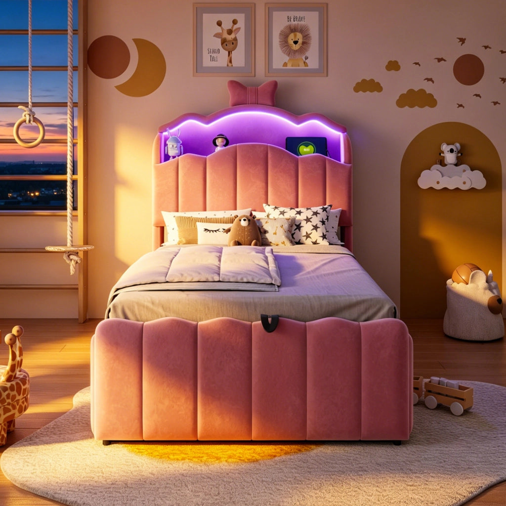 Letto per bambini 90 × 200 cm con contenitore idraulico, USB e Type-C, LED regolabile, sans materasso, en velluto rosa