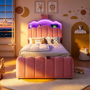 Letto per bambini 90 × 200 cm con contenitore idraulico, USB e Type-C, LED regolabile, sans materasso, en velluto rosa