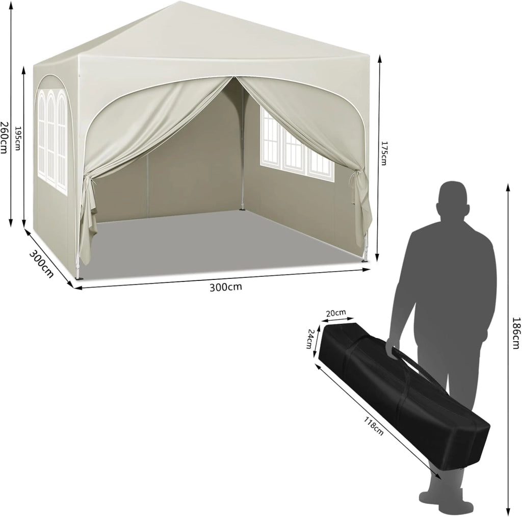 Gazebo Pieghevole da Giardino, Gazebo Idrorepellente Pop Up da 3x3m Pannelli Laterali, Tendone Esterno, Altezza Regolabile, Protezione UV, con Custodia Beige