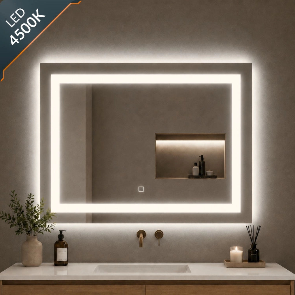 Specchio da bagno rettangolare led con interruttore touch e cornice in alluminio *** misure 100x80 cm, tonalità dimm...