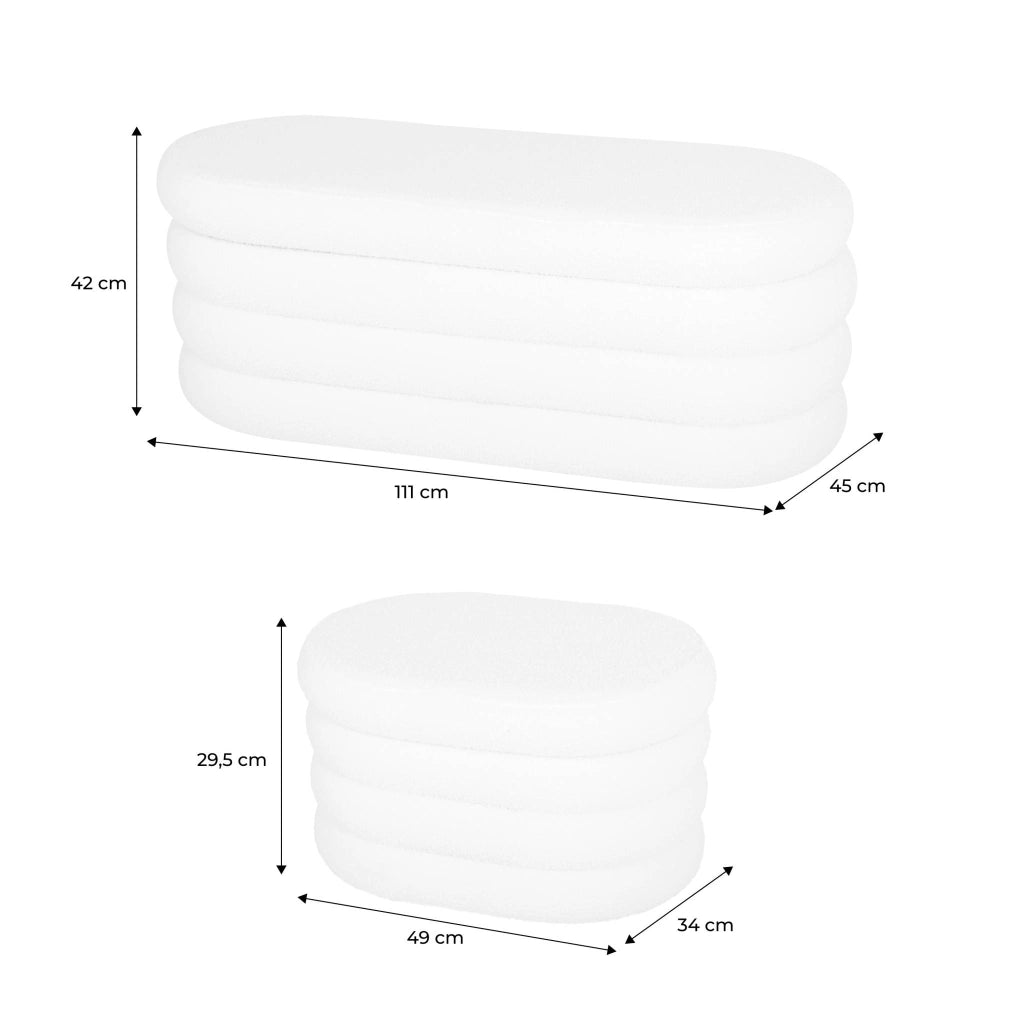 Panca contenitore con 2 pouf contenitori bouclé, verde kaki