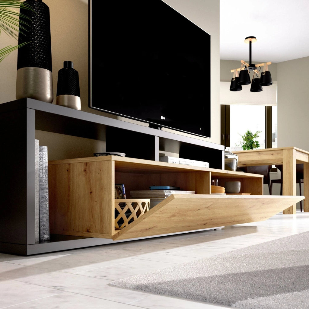 Mobile porta TV Argon, Credenza bassa da soggiorno, Madia da salotto per televisione, 165x40h47 cm, Rovere Nodi e Antracite
