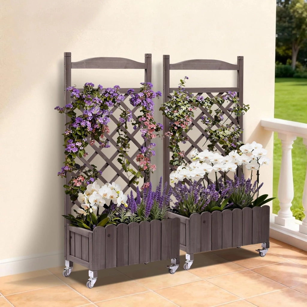 Set 2 fioriere in legno con grigliato e ruote, rialzate, resistenti alle intemperie con fori di drenaggio, ideali per giardino, balcone e terrazza, 49 x 28 x 116 cm – Marrone