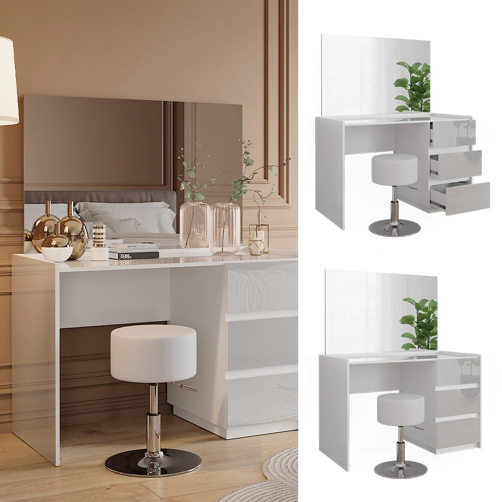 Vicco Tavolino da toilette Bianco lucido 120 cm con specchio e sgabello