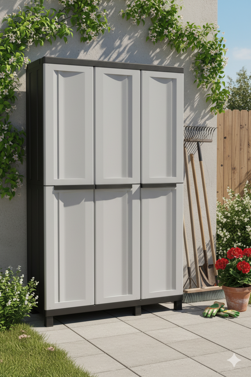 Armadio Portascope Modulare da Esterno 102x39x170 cm 3 Ante 3 Ripiani in Polipropilene Twist Grigio e Nero