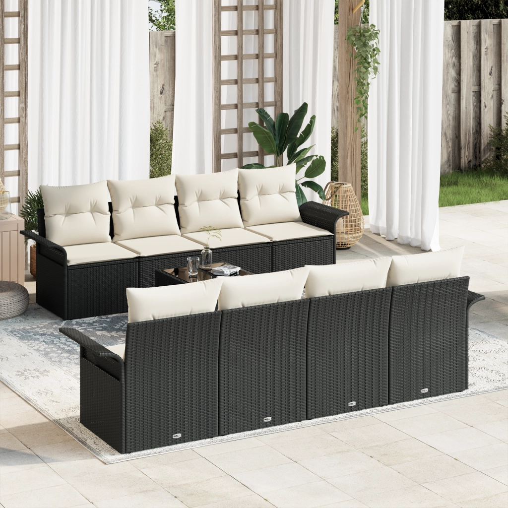 Set Divano da Giardino 9 pezzi con Cuscini Polyrattan Nero