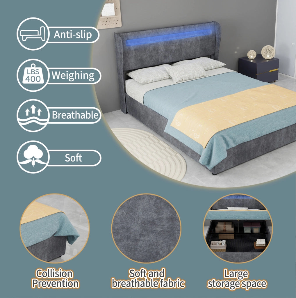 Letto 140x200 cm con testiera regolabile e LED multicolore; tessuto e metallo; grigio