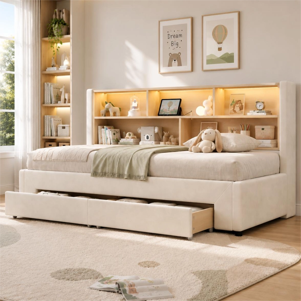 Letto a Divanetto 90x200 cm e 180x200 cm; USB; Type-C; LED; con Cassetti; Velluto Beige