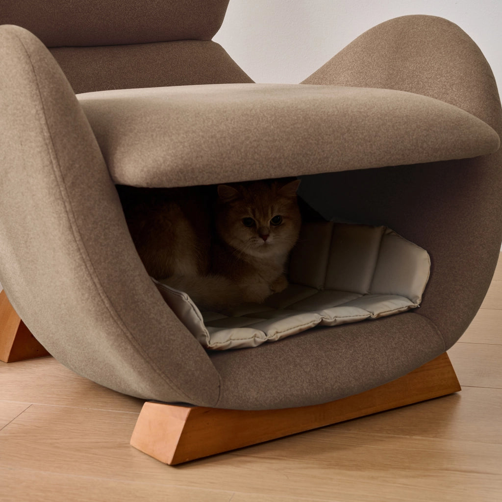 OKWISH Poltrona in Tessuto con Nicchia Integrata per Gatto o Cane di Piccola Taglia, Seduta Ergonomica, Legno, Marrone
