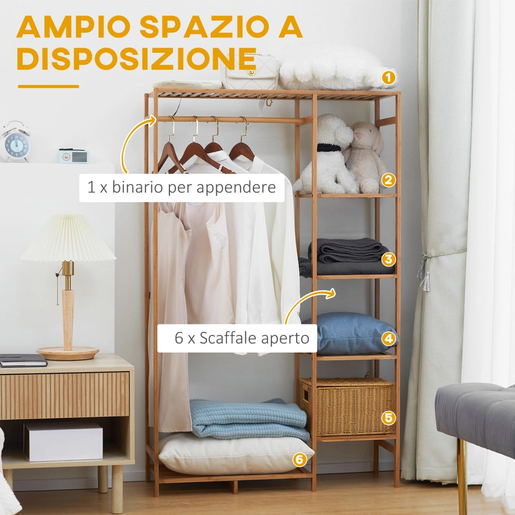 Appendiabiti in Legno di Bamb¨´ con Scaffale a 6 Ripiani ¨C Zephmum ¨C 90x30x145 cm
