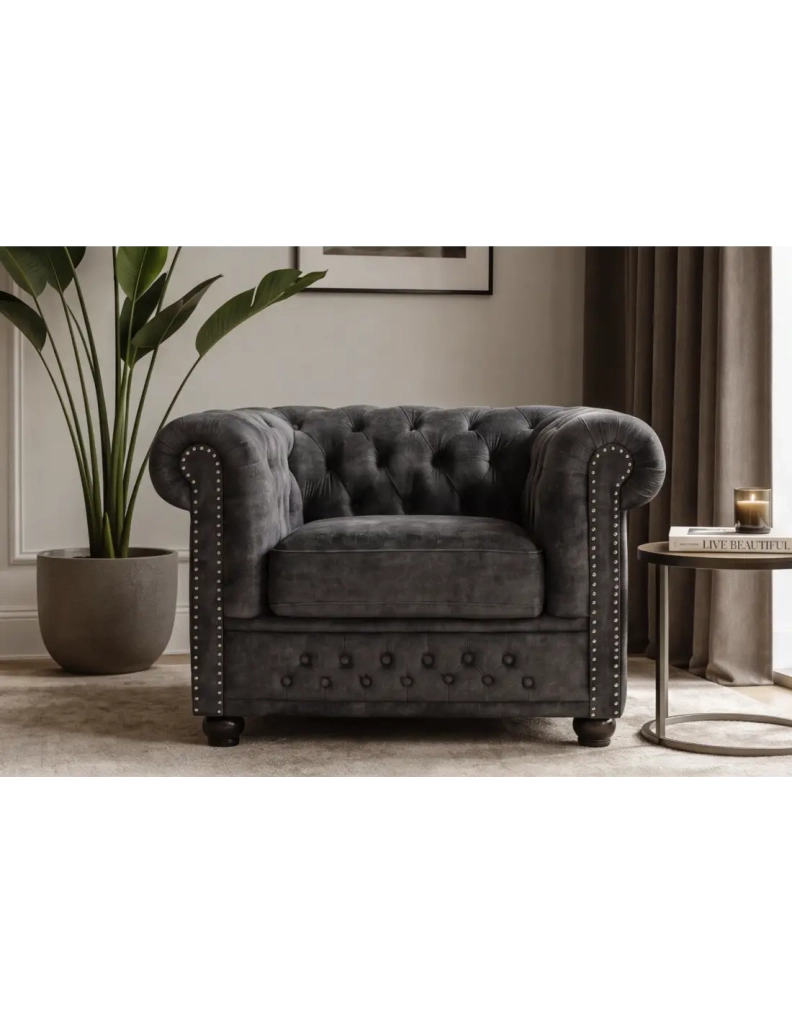 Poltrona EDGAR Chesterfield in velluto trapuntato - Grigio chiaro - 109 x 72 x 86 cm