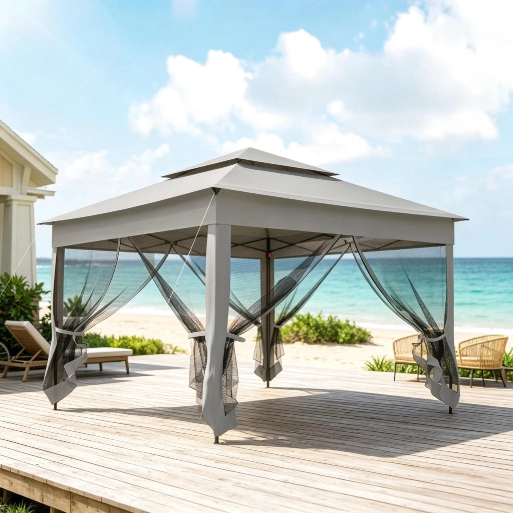 GAZEBO con doppio tetto 3,25 x 3,25 x 2,7 m nero/grigio-marrone