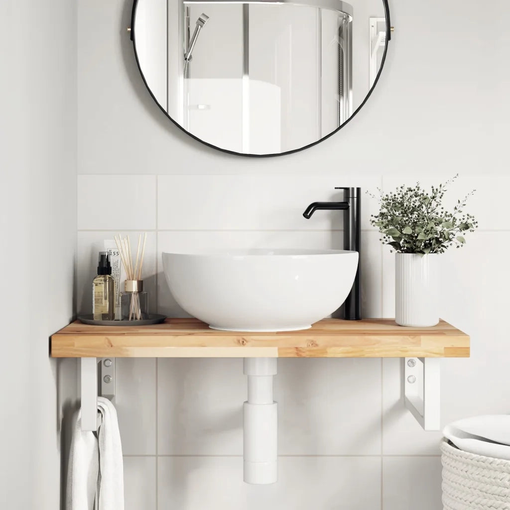 Ripiano a Parete per Lavabo-Mensole a Muro in Acciaio e Massello di Acacia 644299