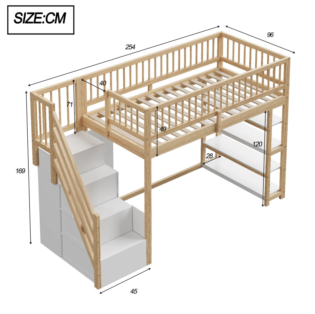 Letto a soppalco 90x200 cm multifunzione con scala di sicurezza
