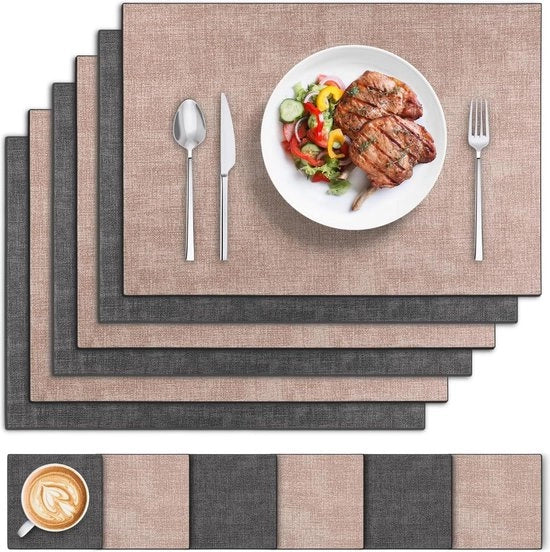 Piastre da tavolo lavabili e impermeabili in pelle - Set doppio da 6 - Rosso-nero