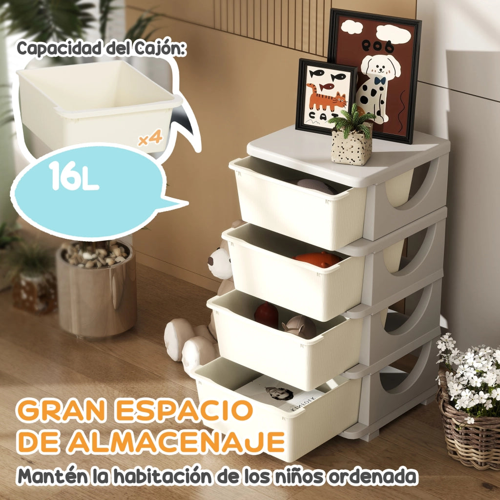 Cassettiera 4 Cassetti per Bambini con Maniglie ¨C zephmum ¨C Crema 37x37x76 cm